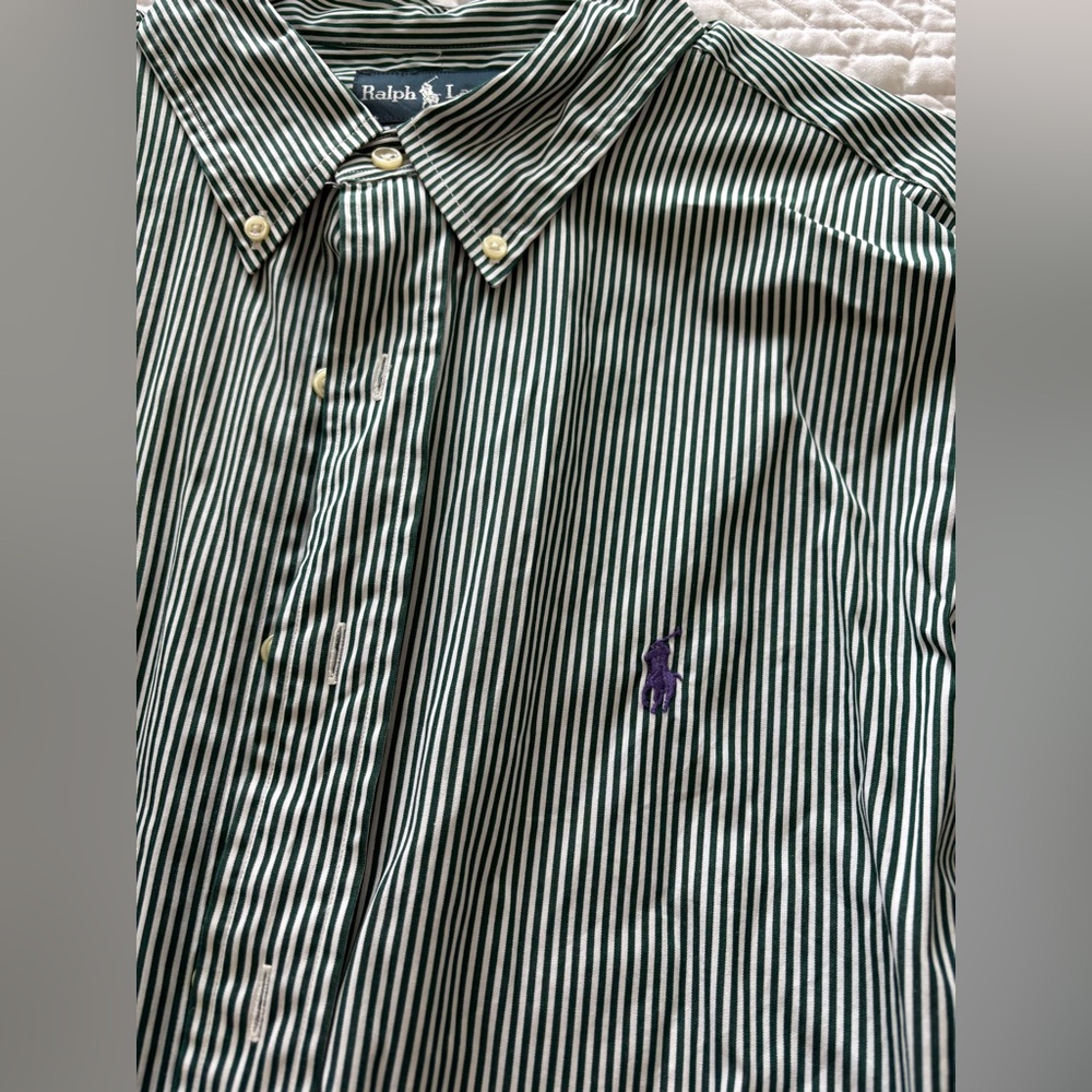 Men’s Ralph Lauren button down dark green and white stripe. Size XL